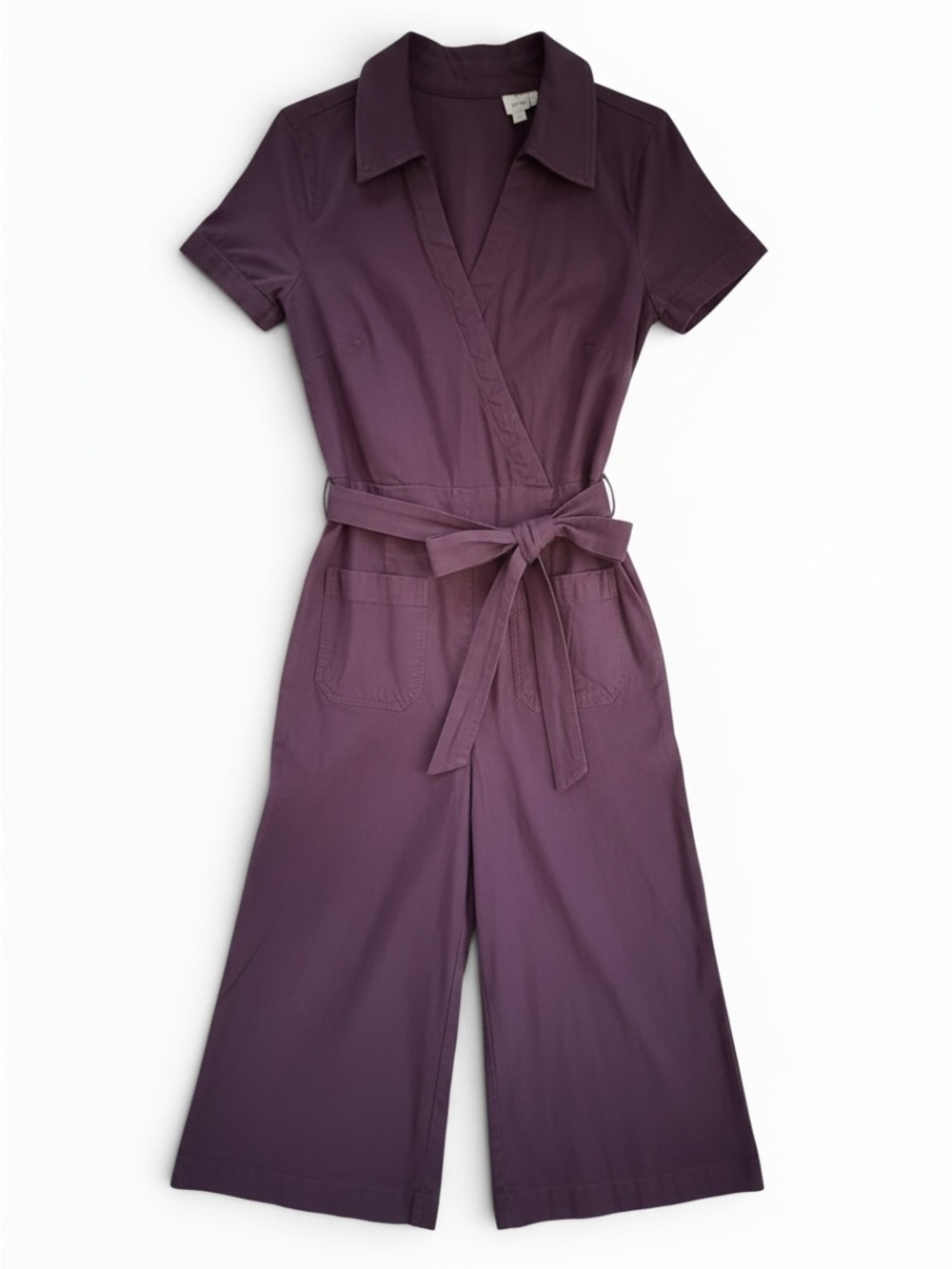 Maeve Anthropologie Plum Wide Leg Belted Jumpsuit Short Sleeve Pockets 2P